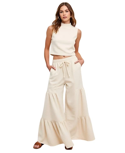 Modenaire Women's Sleeveless Textured Mock-Neck Crop Top & Tiered Wide-Leg Drawstring Pants 2-Pc. Set