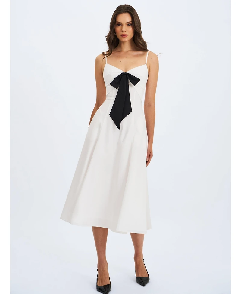 Miss Circle Women's Corinne White Poplin Flared Maxi Dress with Removable Bow