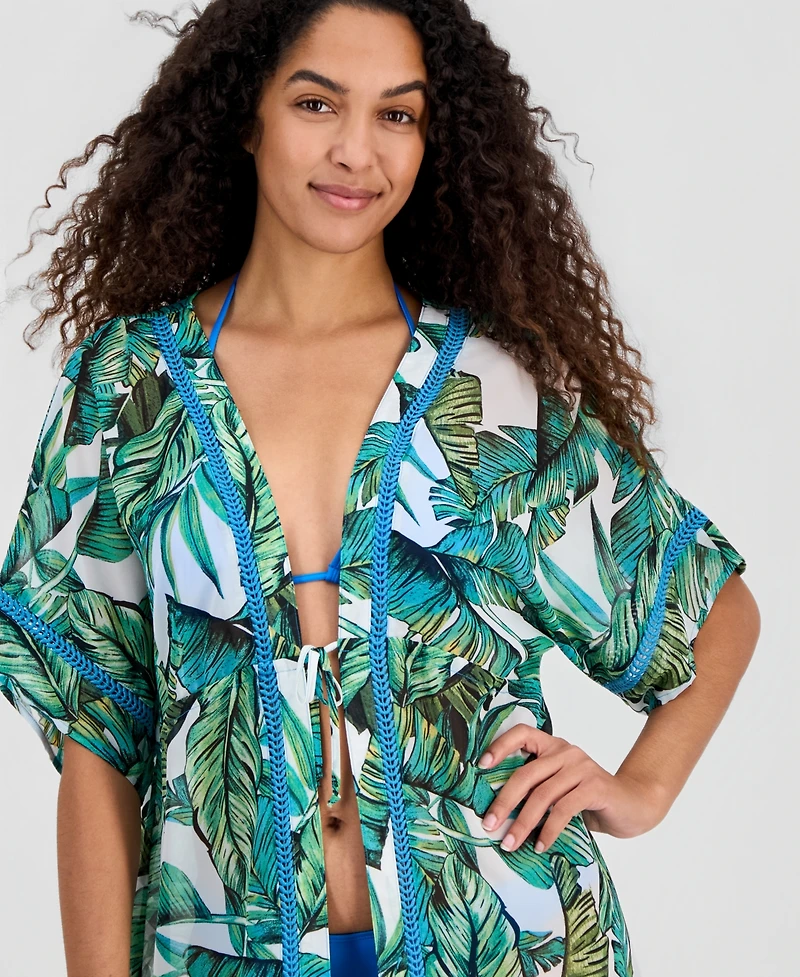 Miken Juniors' Leaf-Trim Palm-Print Cover-Up Kimono, Macy's Exclusive