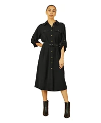 Yumi Women's 3/4 Sleeve Belted Midi Shirt Dress