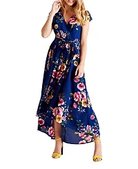Yumi Women's Floral Print Dipped Hem Wrap Midi Dress