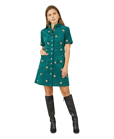 Yumi Women's Fox Embroidered Cord Shirt Dress