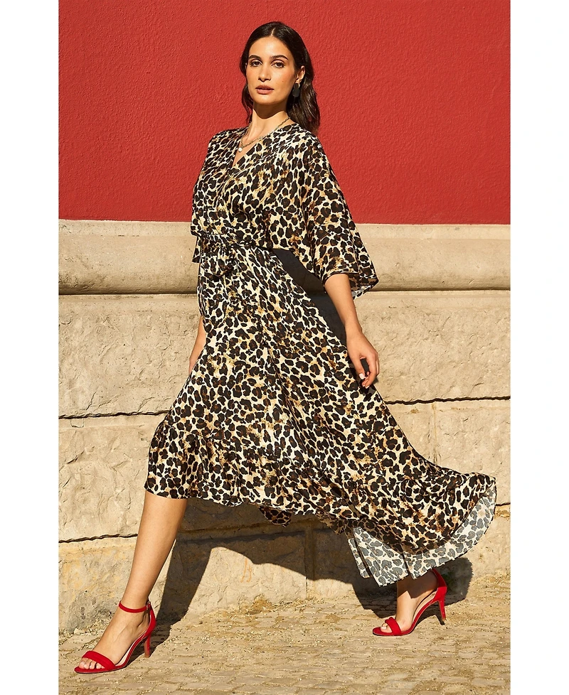 Yumi Women's Leopard Print Kimono Sleeve Wrap Dress