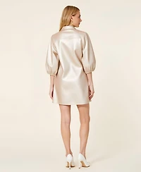 Modenaire Women's Satin Button-Front Collared Puff-Sleeve Shirt Dress