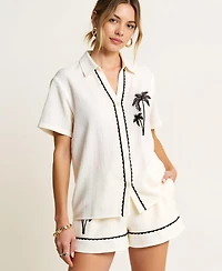 Modenaire Women's Embroidered Button-Down Shirt and Short Set