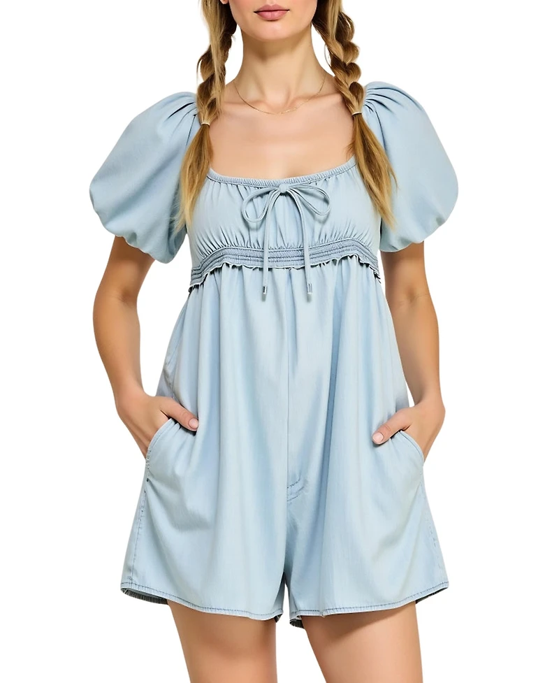 Modenaire Women's Puff-Sleeve Tie-Front Empire-Waist Romper