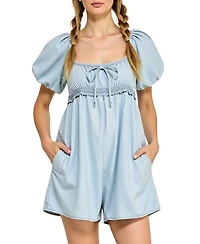 Modenaire Women's Puff-Sleeve Tie-Front Empire-Waist Romper