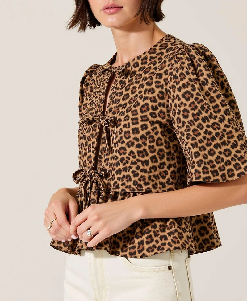 Modenaire Women's Leopard-Print Front-Tie Puff-Sleeve Peplum Top