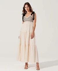 Modenaire Women's Smocked Lace-Trim Maxi Dress with Satin Bow-Tie Straps