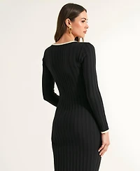 Modenaire Women's Ribbed Knit Long Sleeve Contrast Trim Midi Dress