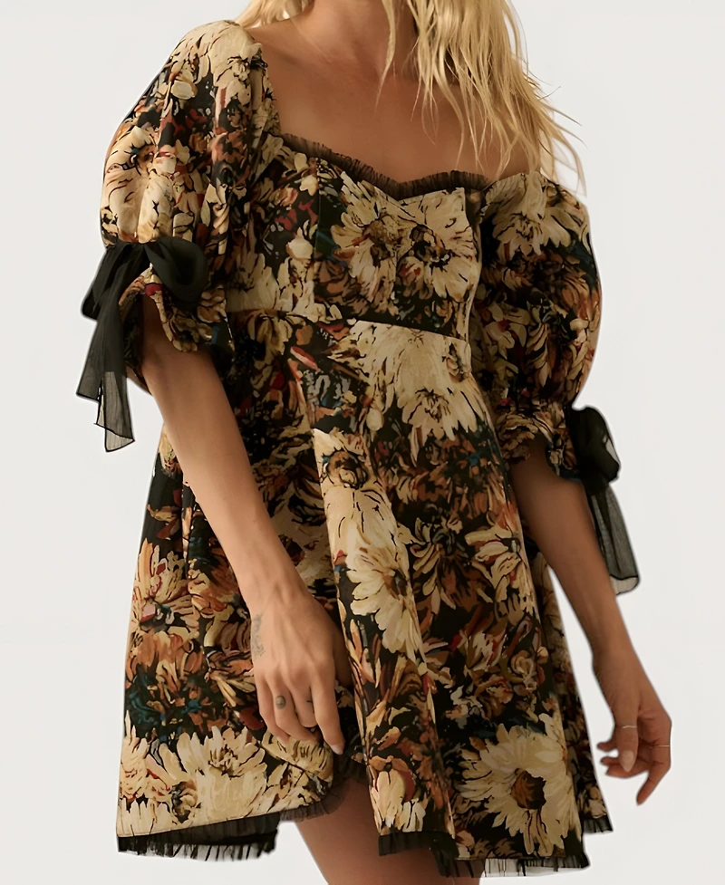 Modenaire Women's Jacquard Floral Puff-Sleeve Chiffon-Trim Mini Dress