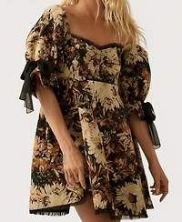Modenaire Women's Jacquard Floral Puff-Sleeve Chiffon-Trim Mini Dress