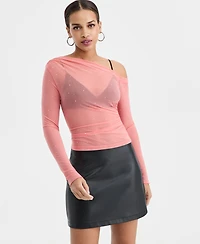 Bar Iii Women's Asymmetric Embellished Mesh Top, Macy's Exclusive
