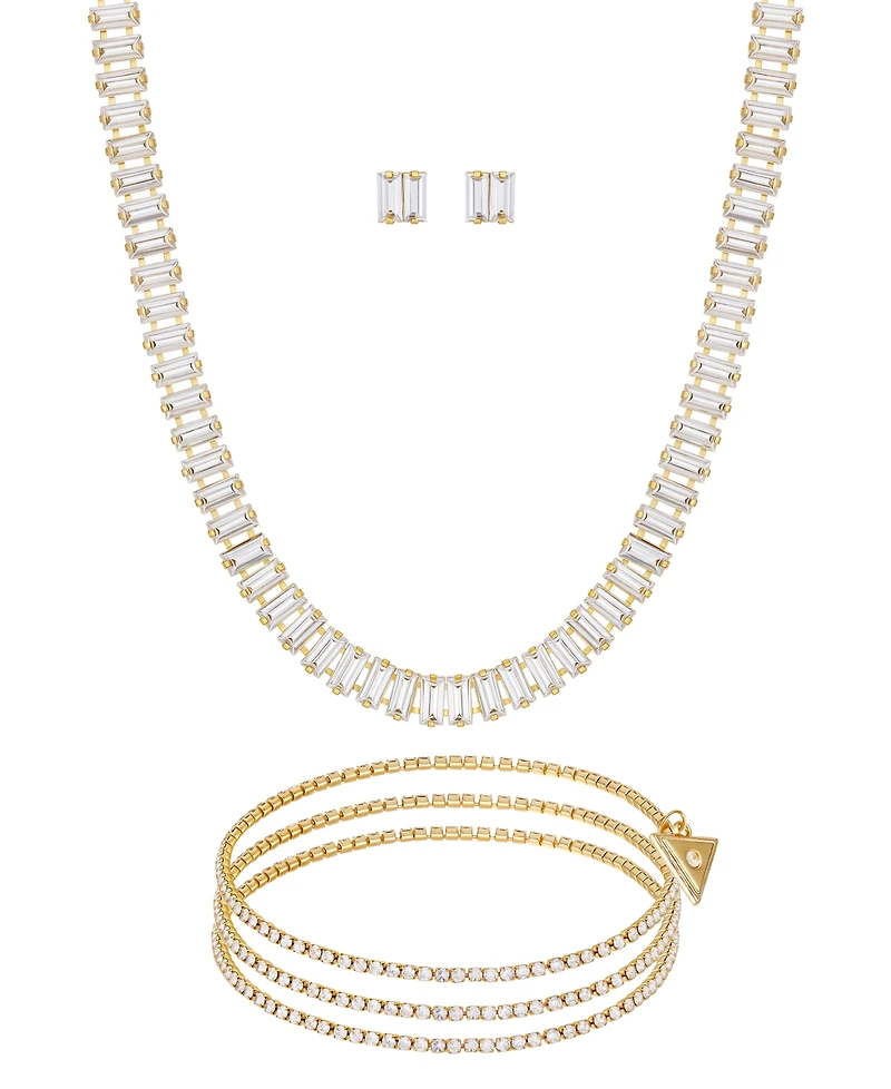 Guess 3-Pc. Rhinestone and Glass Stone Gold-Tone Necklace, Stud Earrings, Bracelet Set