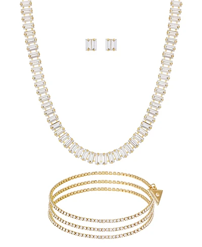 Guess 3-Pc. Rhinestone and Glass Stone Gold-Tone Necklace, Stud Earrings, Bracelet Set