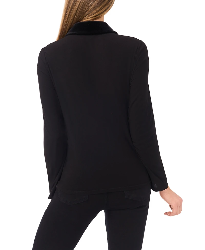 CeCe Women's Mix Media Collared Neck Long Sleeve Top