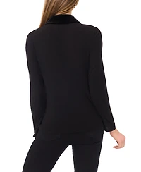 CeCe Women's Mix Media Collared Neck Long Sleeve Top