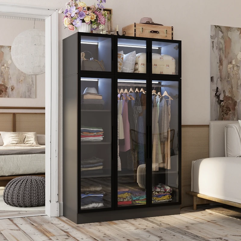 6-Glass Doors Armoire，Metal Frame Wardwore with Led Lights, Hanging Rod,Bedroom Closet