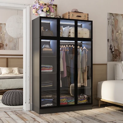 6-Glass Doors Armoire，Metal Frame Wardwore with Led Lights, Hanging Rod,Bedroom Closet