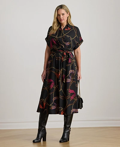 Lauren Ralph Plus Belting-Print Belted Crepe Dress