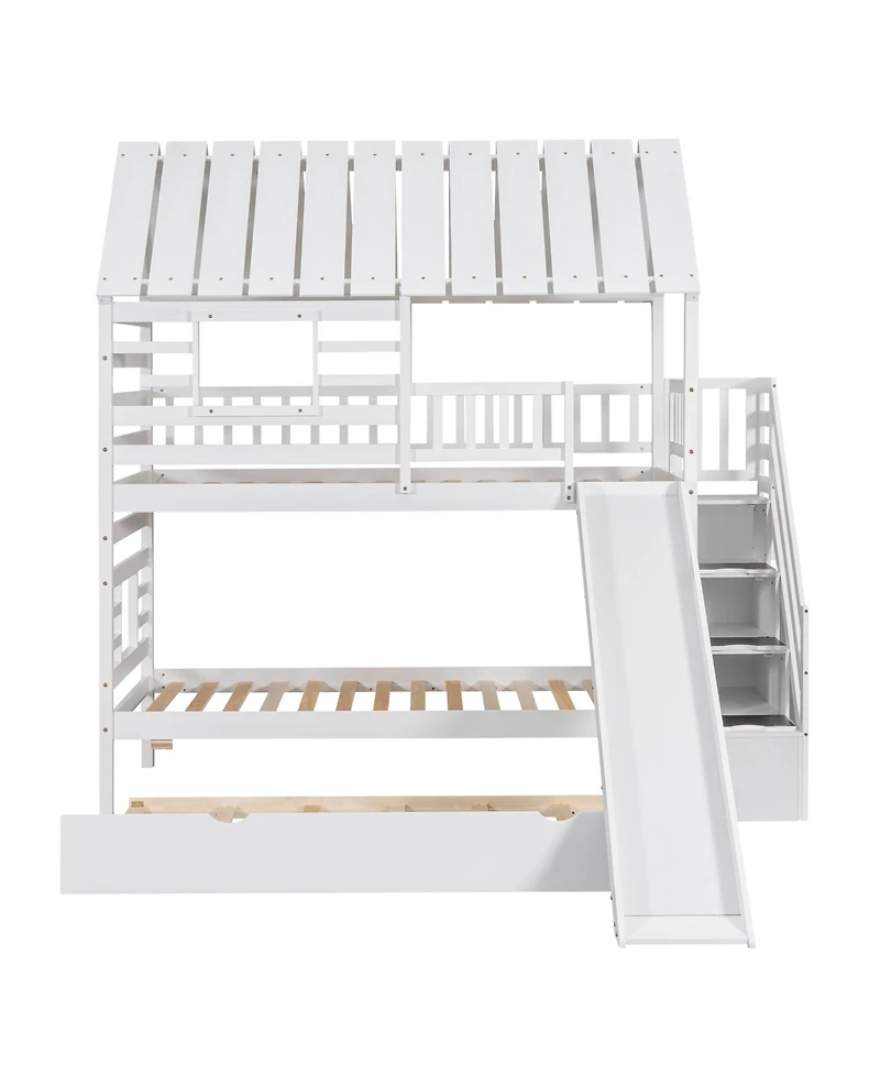Boyel Living Twin over House Bunk Bed with Trundle and Slide, Storage Staircase, Roof Window Design