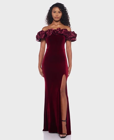 B Darlin Juniors' Velvet Ruffled Off-The-Shoulder Gown