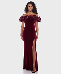 B Darlin Juniors' Velvet Ruffled Off-The-Shoulder Gown