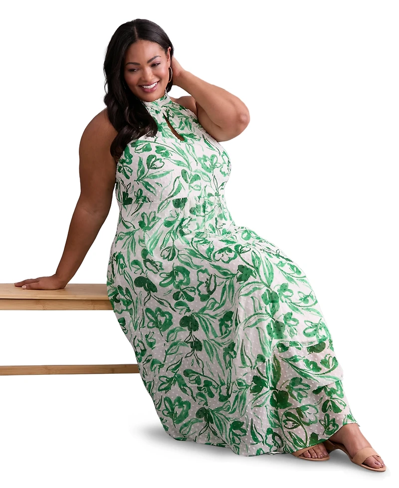 London Times Plus Floral-Print Halter Maxi Dress