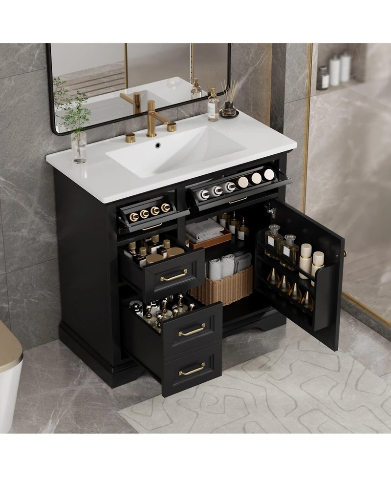 Casainc 36" Bathroom Vanity with Ceramic Sink, 4 Drawers and 1 Soft-Close Door, Freestanding