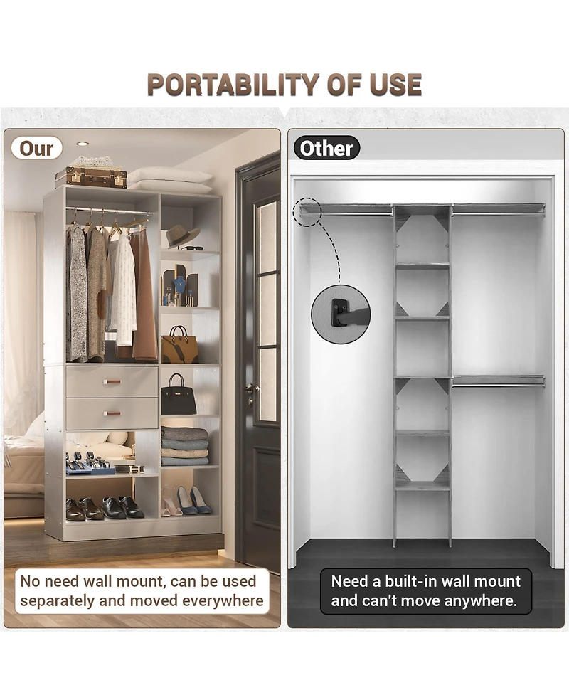 Aheaplus 8FT Walk Closet Organizer with 3 Shelving Towers, Heavy Duty Clothes Rack Drawers