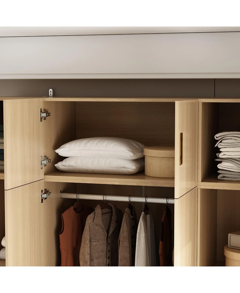 Wardrobe with Top Cabinet, Armoires with Hanging Rod, 2-Drawers, Storage Shelves,Bedroom Closet