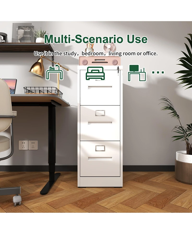 3 Drawer File Cabinet with Lock Metal Vertical File Cabinet Office Home, A4 Legal/Letter Size Narrow File Cabinet Locked