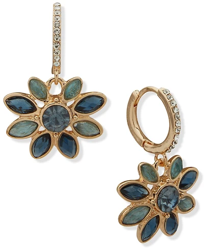 lonna & lilly Cubic Zirconia and Glass Stone Gold-Tone Flower Pave Drop Hoop Earrings