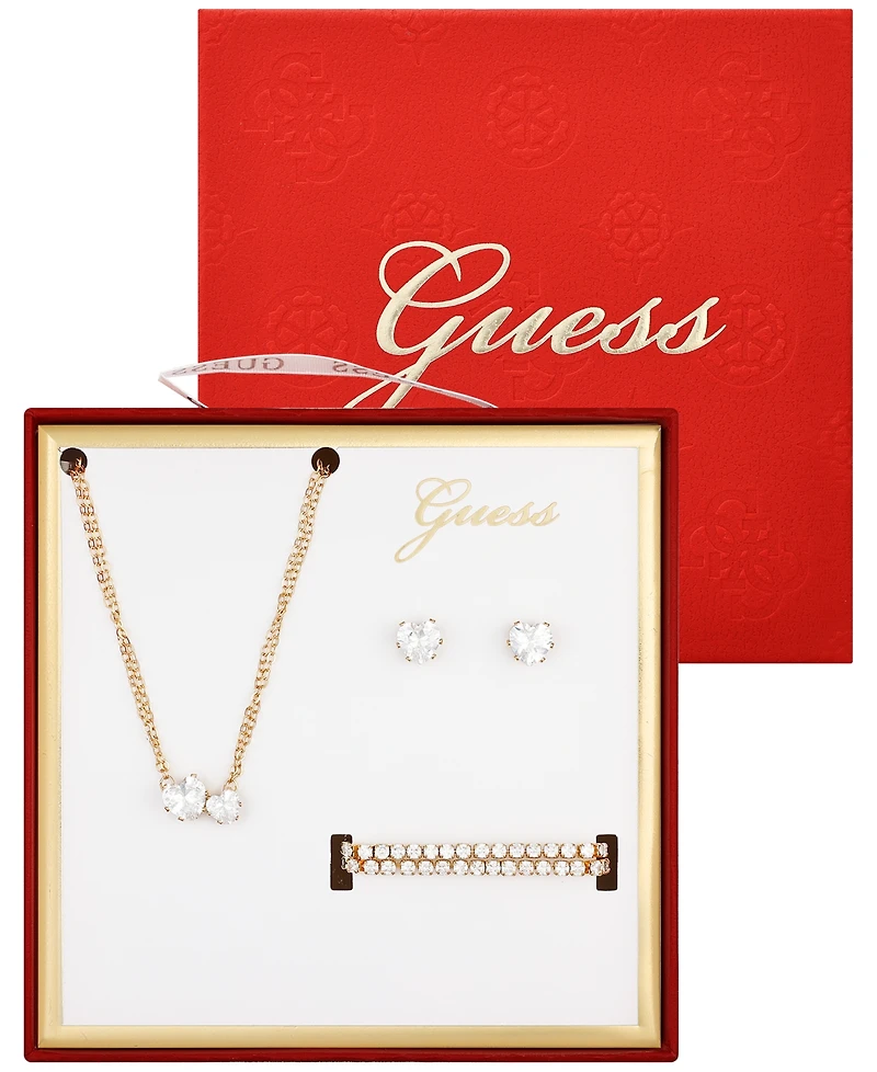 Guess 3-Pc. Cubic Zirconia Gold-Tone Heart Necklace, Stud Earrings, and Bracelet Gift Set