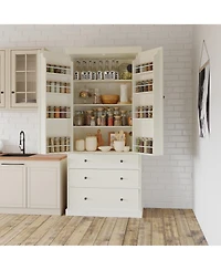 77inch Freestanding Tall Cupboard Storage Cabinet with 3 Adjustable Shelves 8 Door and Drawers