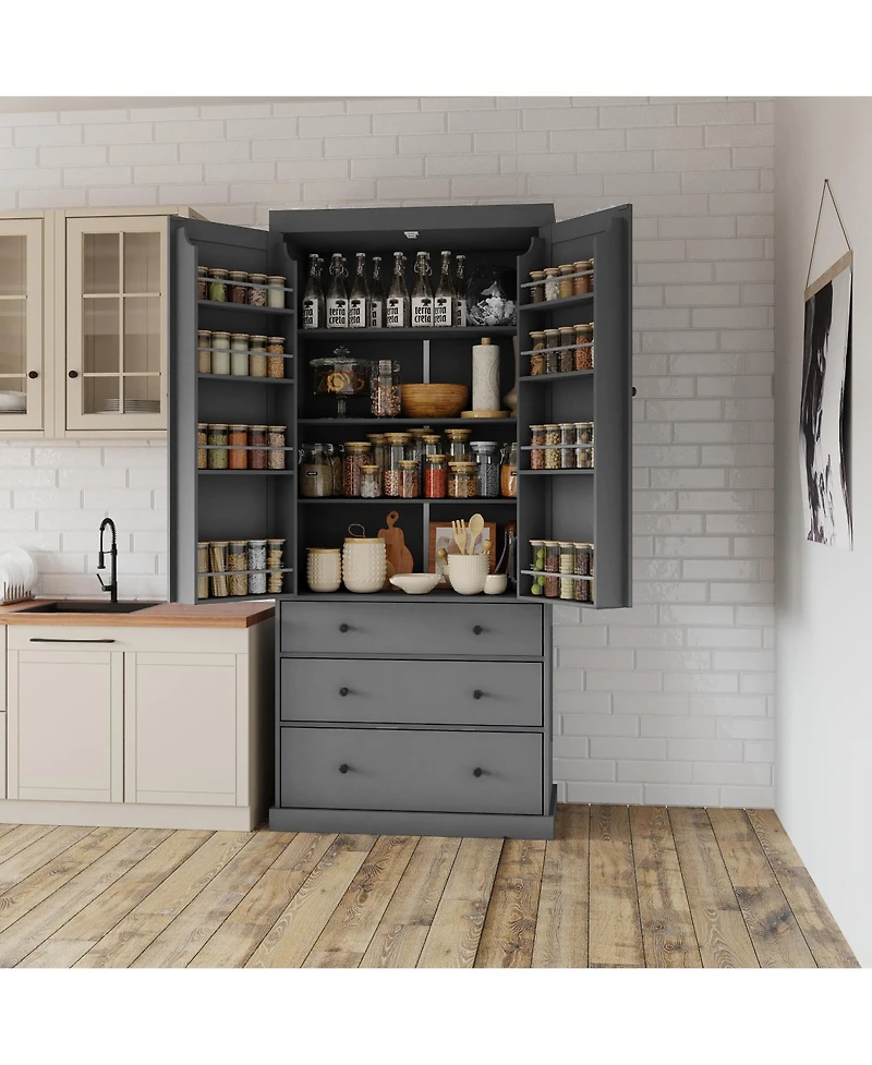 Lovmor 77" 1-Pc. Freestanding Tall Cupboard Storage Cabinet with 3 Adjustable Shelves, 8 Door Shelves and 3 Drawers