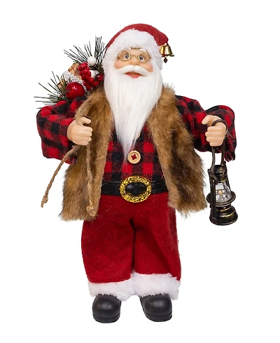 Kurt Adler 12-Inch Standing Christmas Santa with Plaid Shirt, Sack and Lantern