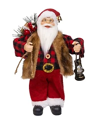 Kurt Adler 12-Inch Standing Christmas Santa with Plaid Shirt, Sack and Lantern