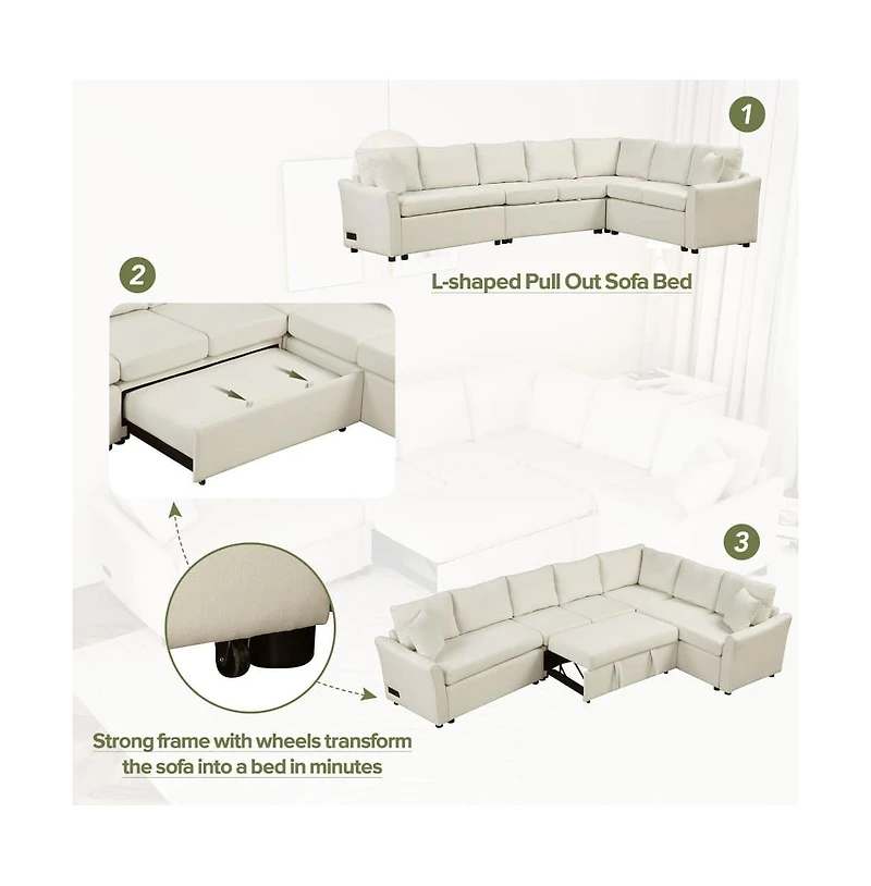 124.8” L-Shaped Pull Out Sleeper Sofa Bed with Usb Ports & Power Outlets, Convertible Sectional Couch for Living Room-Maison Boucle