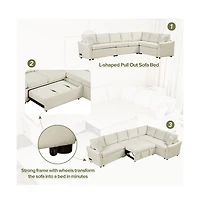 124.8” L-Shaped Pull Out Sleeper Sofa Bed with Usb Ports & Power Outlets, Convertible Sectional Couch for Living Room-Maison Boucle