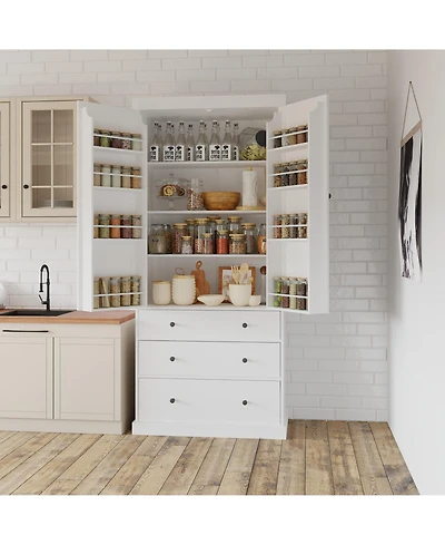 77inch Freestanding Tall Cupboard Storage Cabinet with 3 Adjustable Shelves 8 Door Shelves and 3 Drawers