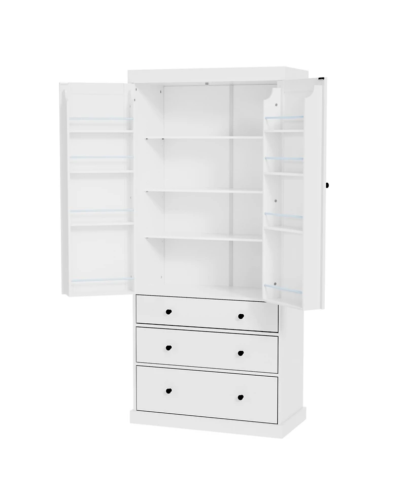 77inch Freestanding Tall Cupboard Storage Cabinet with 3 Adjustable Shelves 8 Door Shelves and 3 Drawers