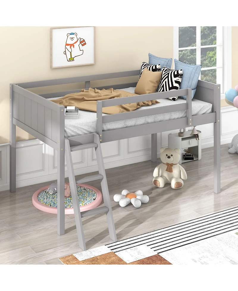 Twin Wood Low Loft Bed with Ladder, ladder can be placed on the left or right