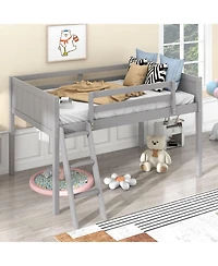 Twin Wood Low Loft Bed with Ladder, ladder can be placed on the left or right