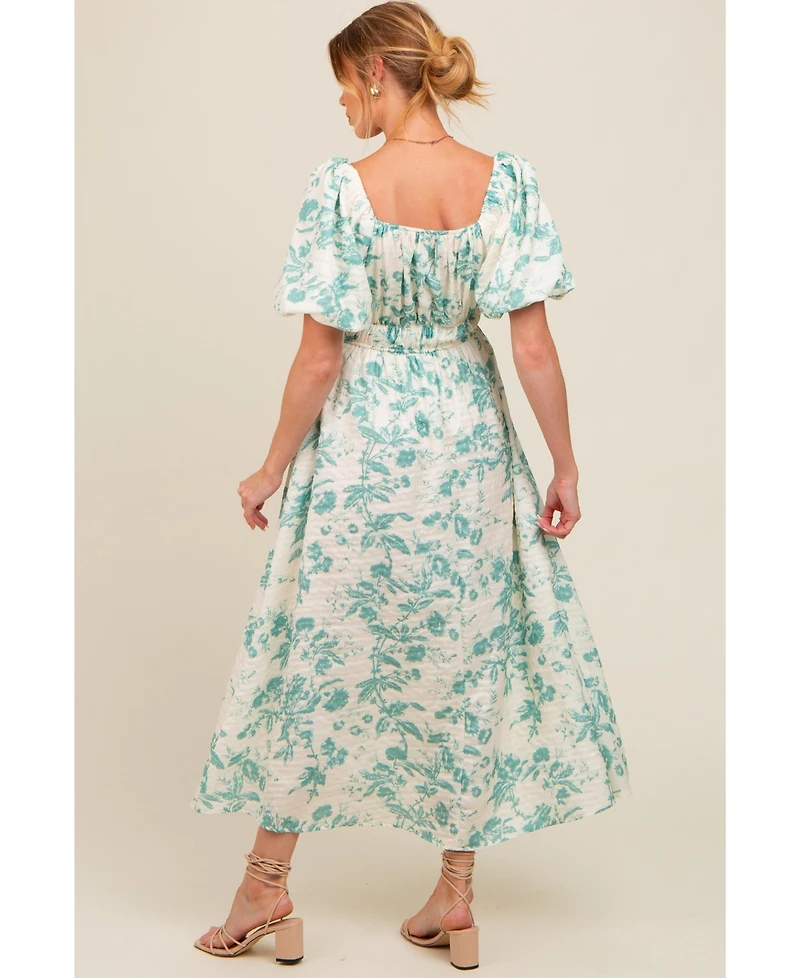 Pinkblush Maternity Teal Floral Puff Sleeve Midi Dress