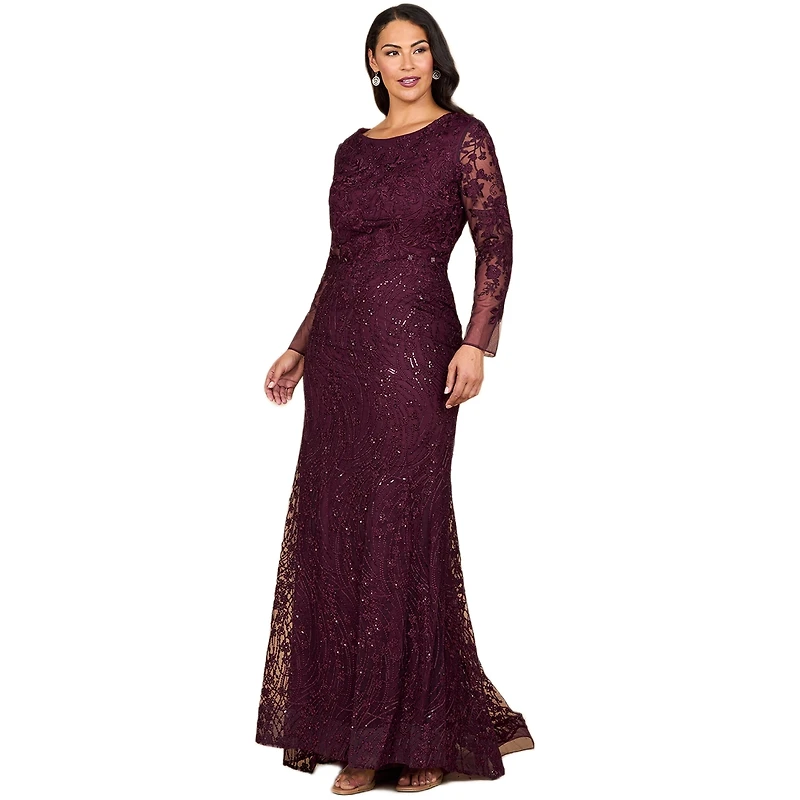 Lara Women's Long Sleeve Gown with Overskirt & Illusion Neckline