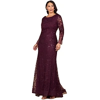 Lara Women's Long Sleeve Gown with Overskirt & Illusion Neckline