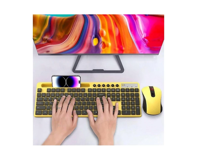 Wireless Keyboard And Mouse Combo, 2.4G Wireless Computer Keyboard With Phone Tablet Holder, Silent Mouse With 6 Button, Compatible With