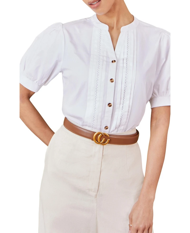 Yumi Women's Cotton Pleated Short Sleeve Shirt
