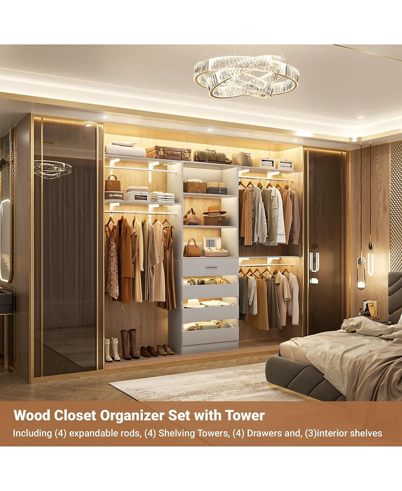 Aheaplus 96 inches Closet Organizer System with 4 Reversible Shelves and 4 Wood Drawers, Wardrobe Clothes Rack with 4 Hanging Rods